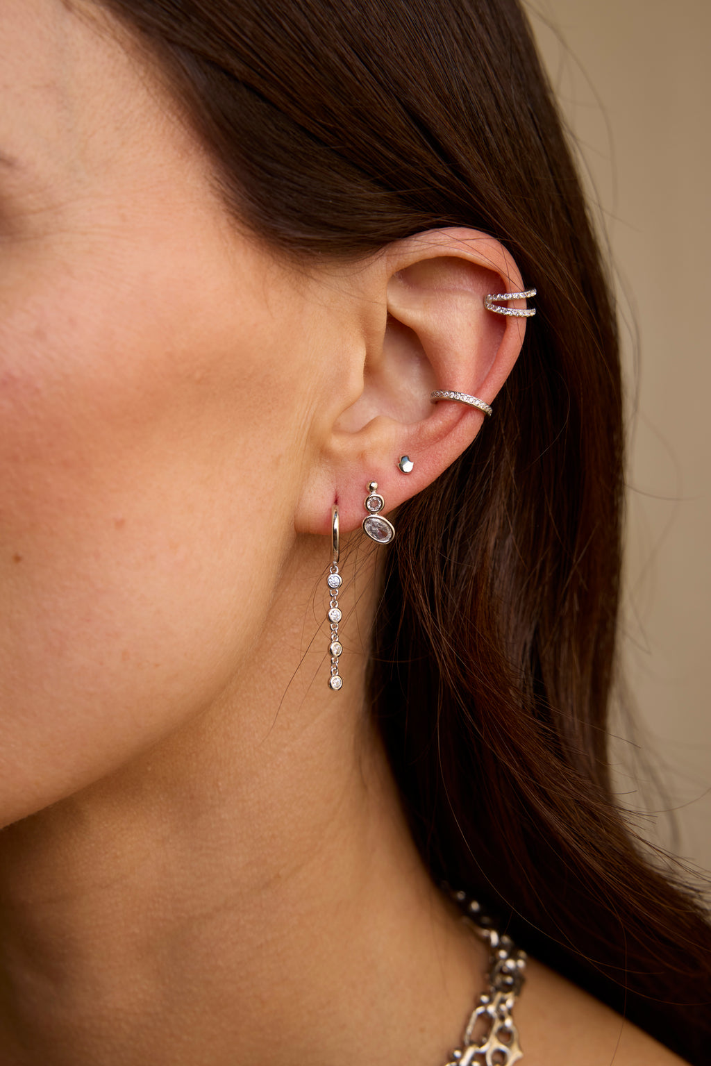 Silver Triple CZ Oval Studs