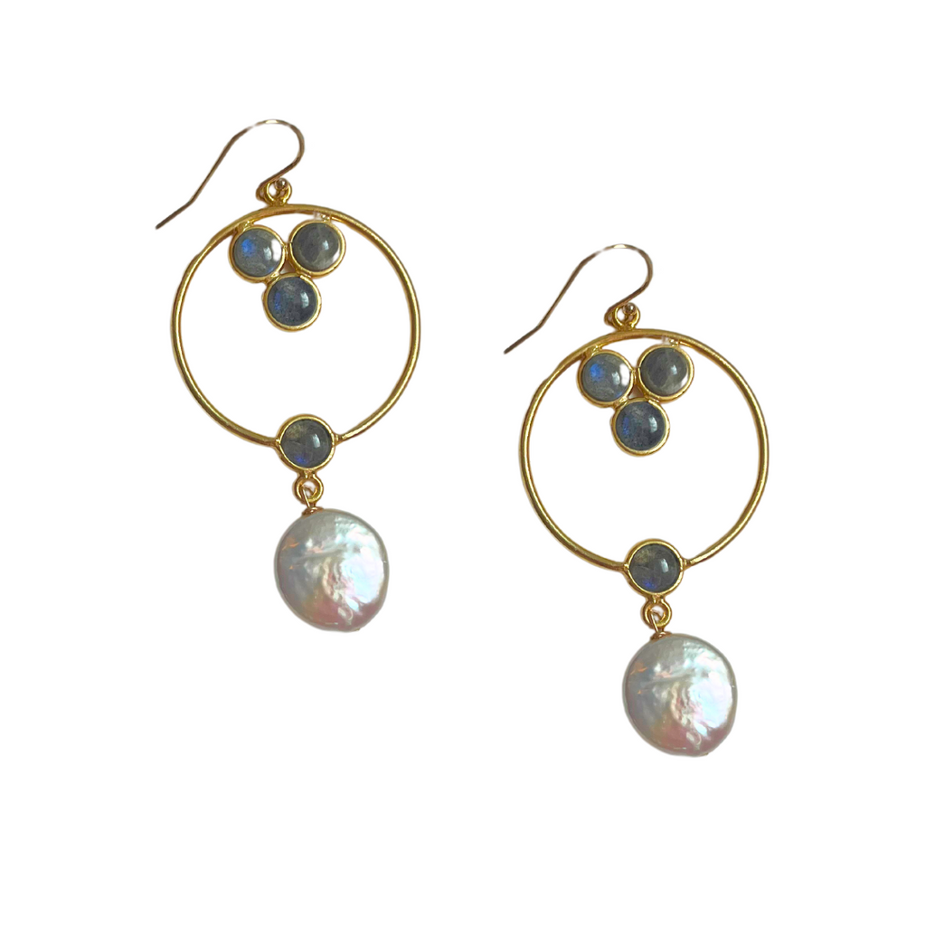 Labradorite and Pearl Hoop Earrings