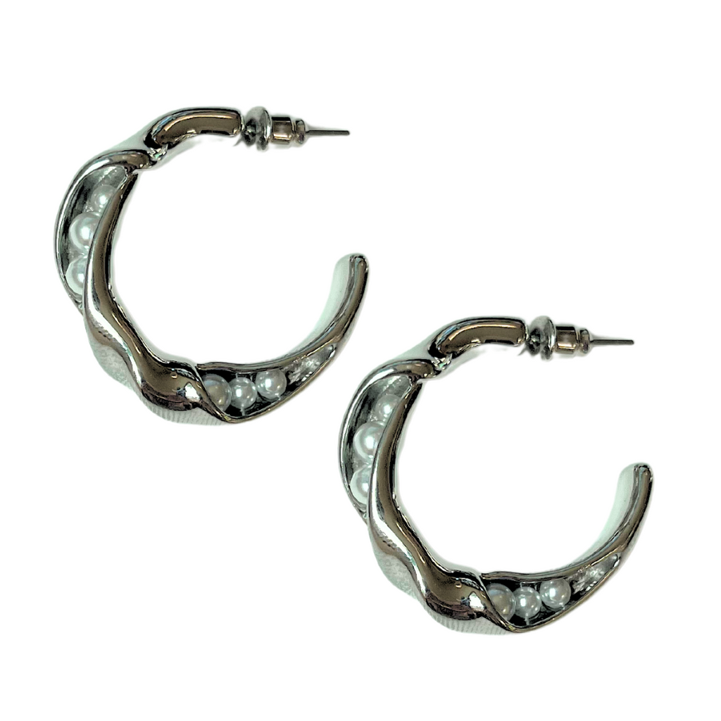 Twisted Pearl Hoops in Silver