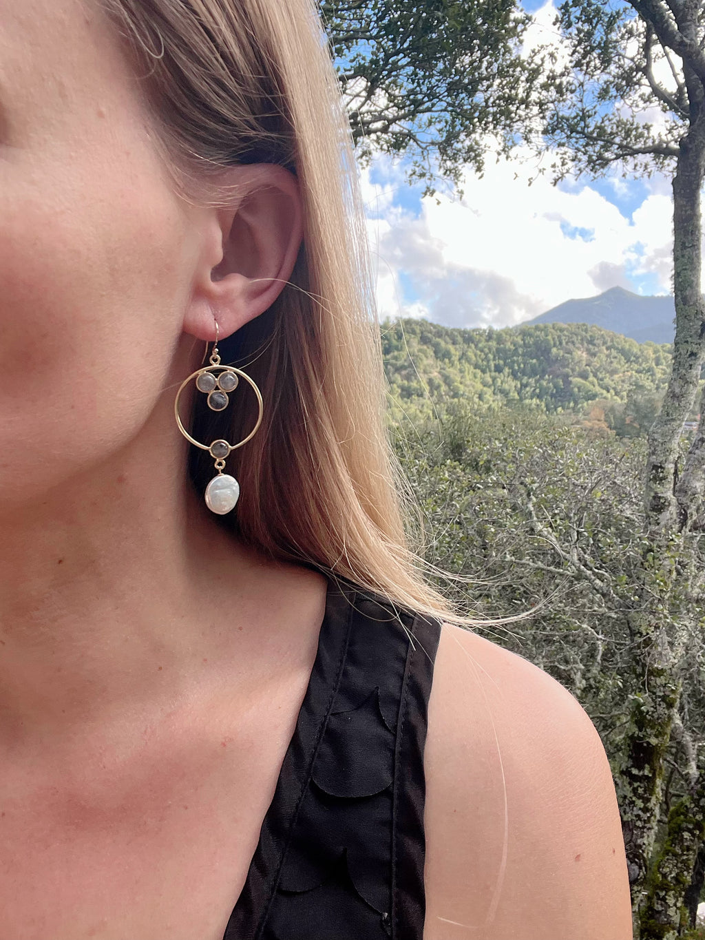 Labradorite and Pearl Hoop Earrings